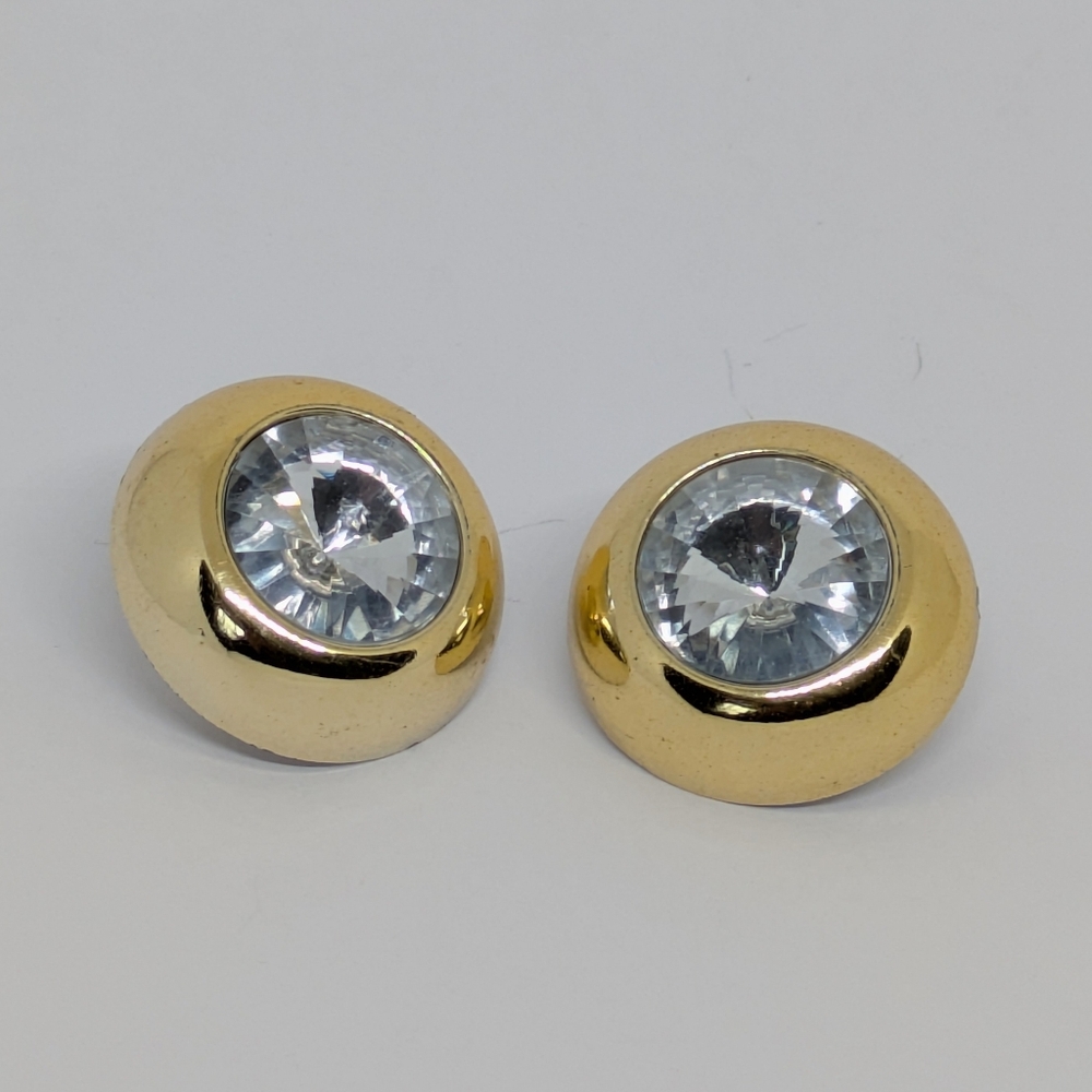 Vintage Clip Back Earrings Chunky Gold Big Bold Center Jewel Lightweight Plastic